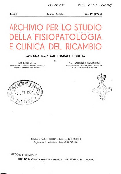 Archivio per lo studio della fisiopatologia e clinica del ricambio rassegna bimestrale