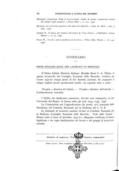 Archivio per lo studio della fisiopatologia e clinica del ricambio rassegna bimestrale