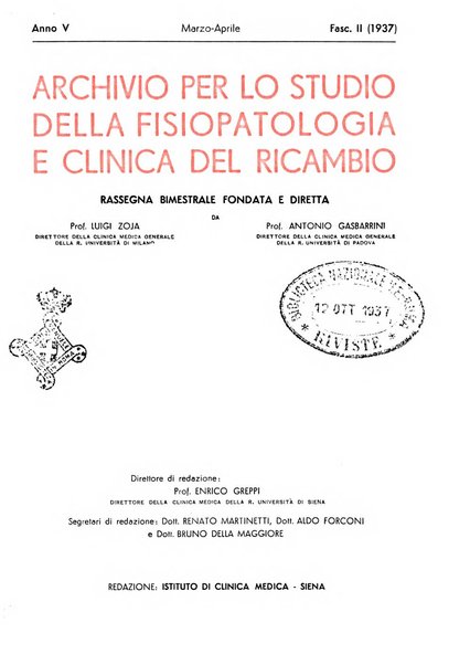 Archivio per lo studio della fisiopatologia e clinica del ricambio rassegna bimestrale