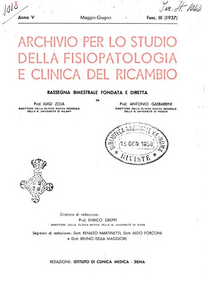 Archivio per lo studio della fisiopatologia e clinica del ricambio rassegna bimestrale