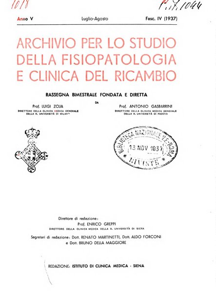 Archivio per lo studio della fisiopatologia e clinica del ricambio rassegna bimestrale