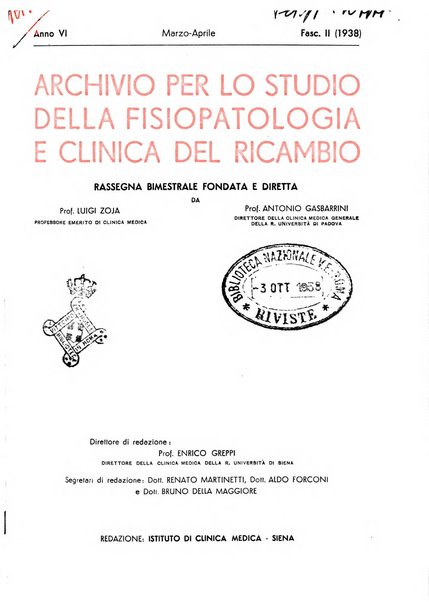 Archivio per lo studio della fisiopatologia e clinica del ricambio rassegna bimestrale