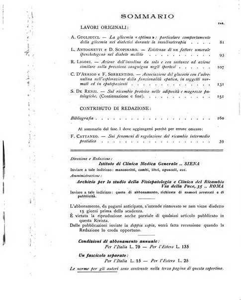 Archivio per lo studio della fisiopatologia e clinica del ricambio rassegna bimestrale