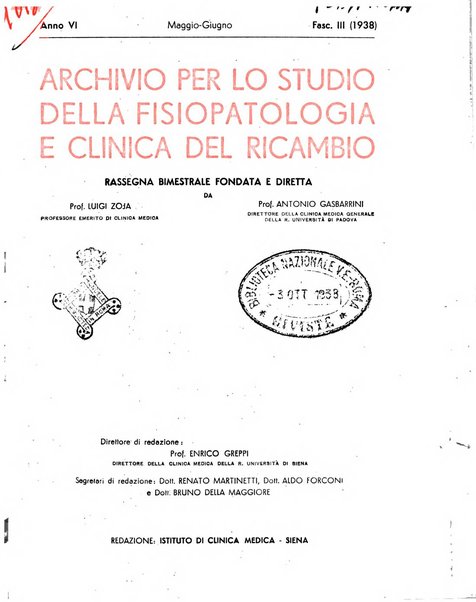 Archivio per lo studio della fisiopatologia e clinica del ricambio rassegna bimestrale