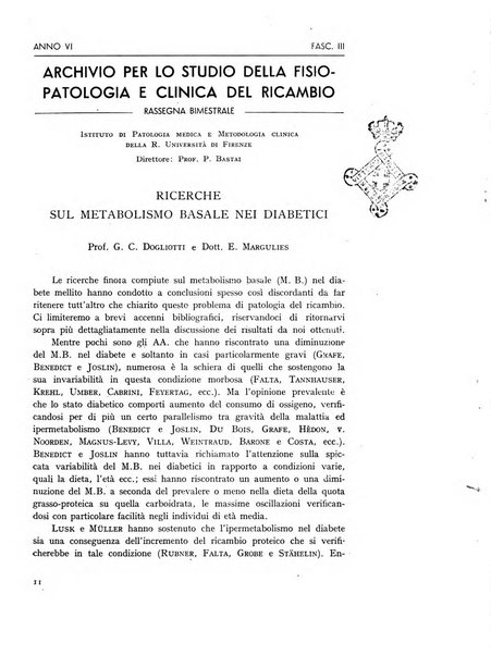 Archivio per lo studio della fisiopatologia e clinica del ricambio rassegna bimestrale