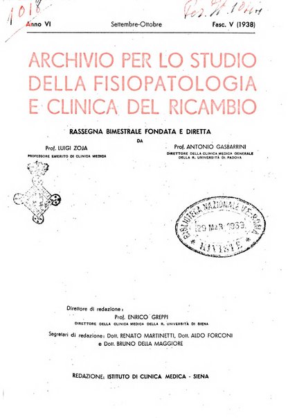 Archivio per lo studio della fisiopatologia e clinica del ricambio rassegna bimestrale