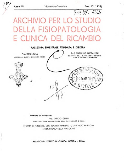 Archivio per lo studio della fisiopatologia e clinica del ricambio rassegna bimestrale