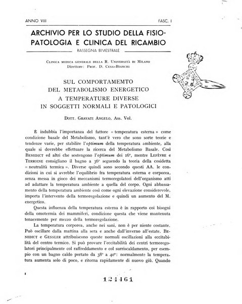 Archivio per lo studio della fisiopatologia e clinica del ricambio rassegna bimestrale