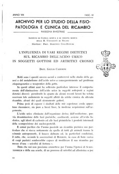 Archivio per lo studio della fisiopatologia e clinica del ricambio rassegna bimestrale