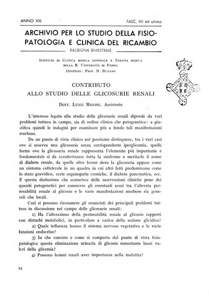 Archivio per lo studio della fisiopatologia e clinica del ricambio rassegna bimestrale