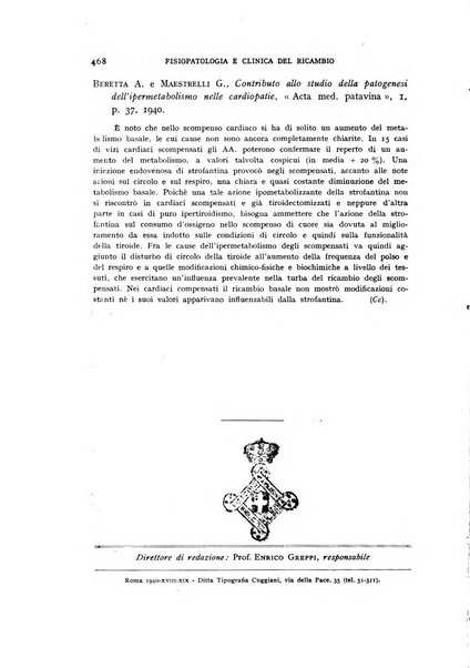 Archivio per lo studio della fisiopatologia e clinica del ricambio rassegna bimestrale