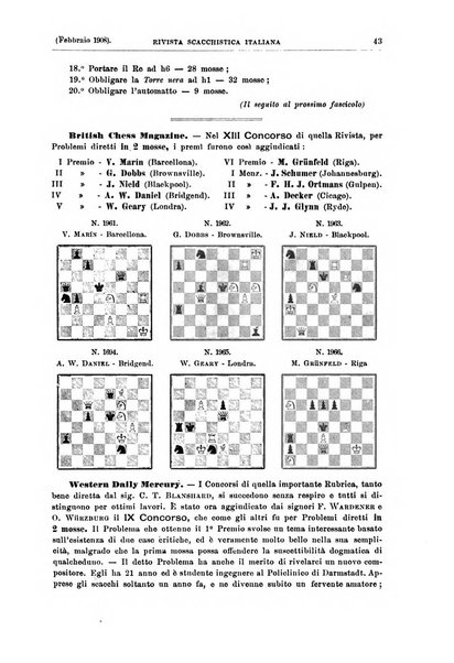 Rivista scacchistica italiana organo ufficiale dell'Unione, dell'Accademia di scacchi di Firenze e del circolo scacchistico della Meridiana di Torino