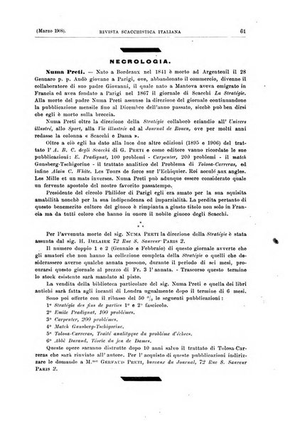 Rivista scacchistica italiana organo ufficiale dell'Unione, dell'Accademia di scacchi di Firenze e del circolo scacchistico della Meridiana di Torino