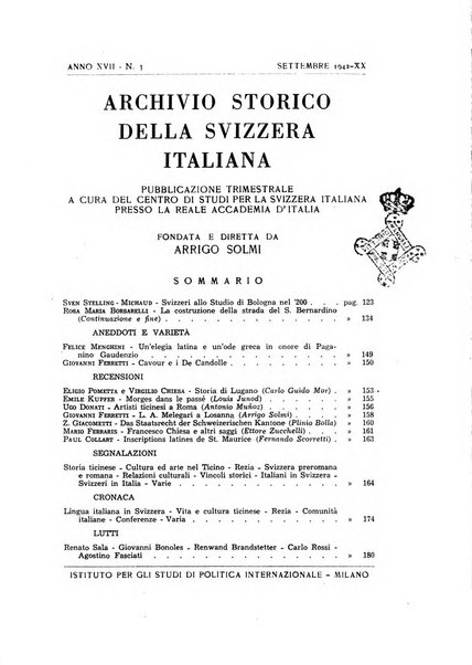 Archivio storico della Svizzera italiana pubblicazione trimestrale