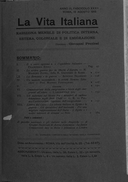 Vita italiana rassegna mensile di politica interna, estera, coloniale e di emigrazione