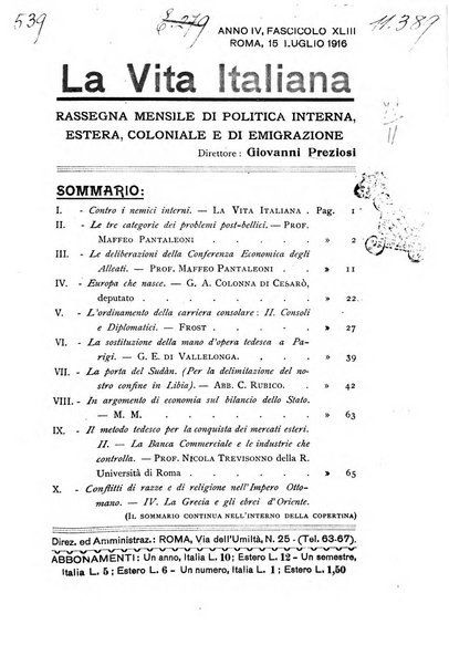 Vita italiana rassegna mensile di politica interna, estera, coloniale e di emigrazione