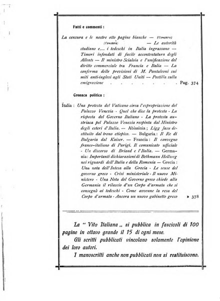 Vita italiana rassegna mensile di politica interna, estera, coloniale e di emigrazione