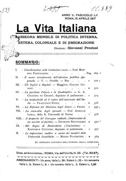 Vita italiana rassegna mensile di politica interna, estera, coloniale e di emigrazione