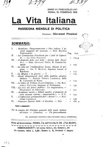 Vita italiana rassegna mensile di politica interna, estera, coloniale e di emigrazione