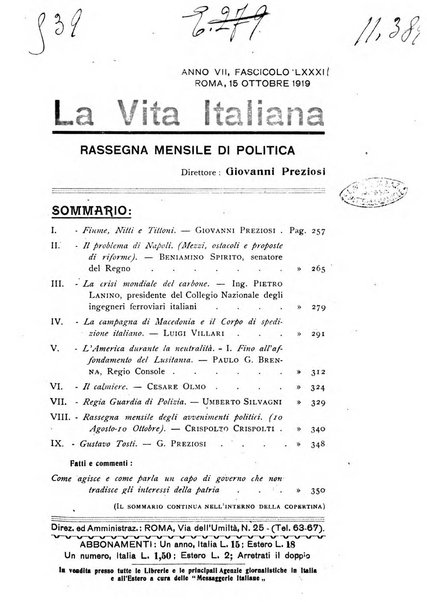 Vita italiana rassegna mensile di politica interna, estera, coloniale e di emigrazione