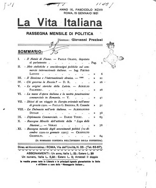 Vita italiana rassegna mensile di politica interna, estera, coloniale e di emigrazione