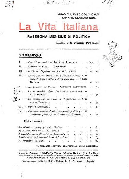 Vita italiana rassegna mensile di politica interna, estera, coloniale e di emigrazione