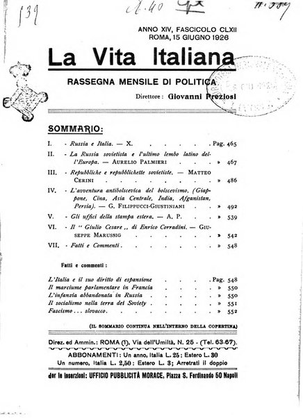 Vita italiana rassegna mensile di politica interna, estera, coloniale e di emigrazione