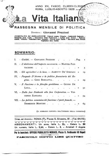 Vita italiana rassegna mensile di politica interna, estera, coloniale e di emigrazione