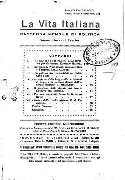 Vita italiana rassegna mensile di politica interna, estera, coloniale e di emigrazione