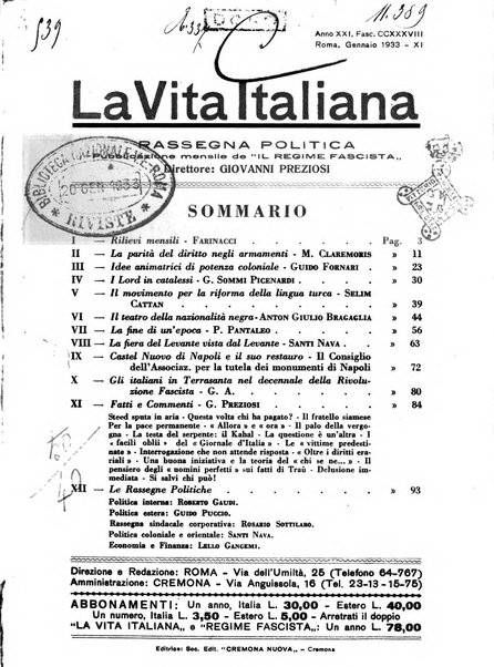 Vita italiana rassegna mensile di politica interna, estera, coloniale e di emigrazione