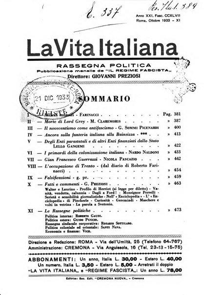 Vita italiana rassegna mensile di politica interna, estera, coloniale e di emigrazione