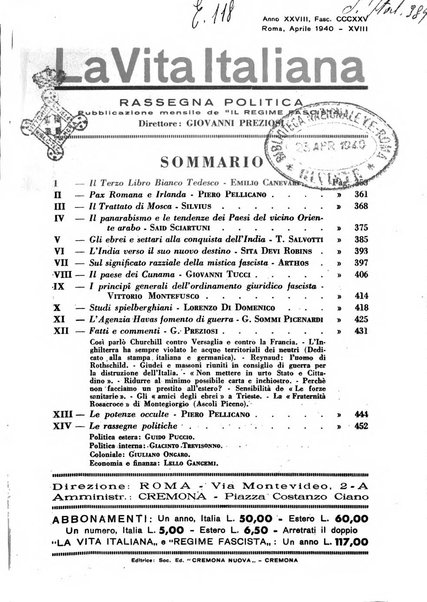 Vita italiana rassegna mensile di politica interna, estera, coloniale e di emigrazione