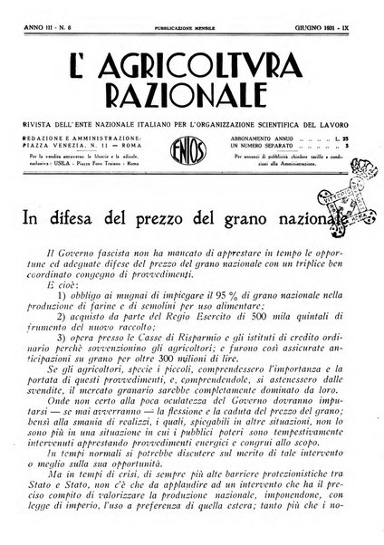 L'agricoltura razionale rivista dell'Ente nazionale italiano per l'organizzazione scientifica del lavoro