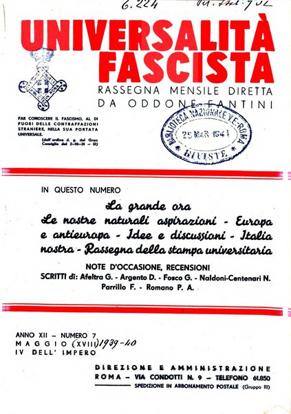 Universalità fascista rassegna mensile dell'espansione rivoluzionaria e della vita universitaria