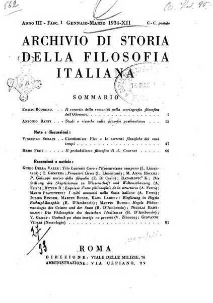 Archivio di storia della filosofia italiana organo della Società filosofica italiana