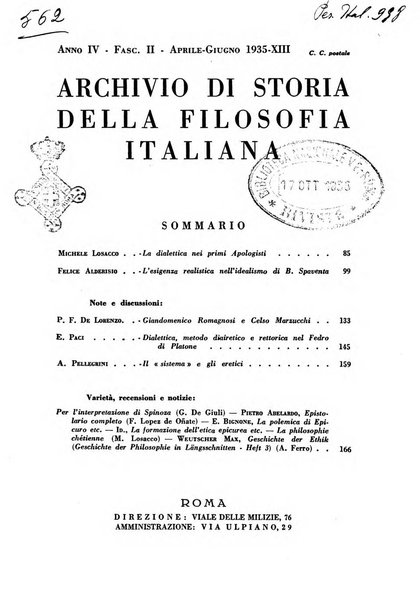 Archivio di storia della filosofia italiana organo della Società filosofica italiana