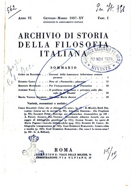 Archivio di storia della filosofia italiana organo della Società filosofica italiana