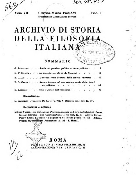 Archivio di storia della filosofia italiana organo della Società filosofica italiana