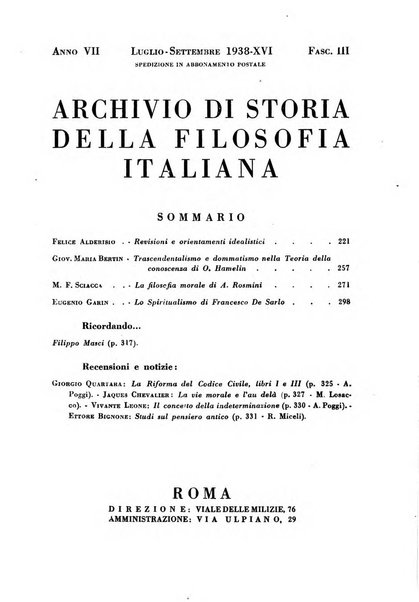 Archivio di storia della filosofia italiana organo della Società filosofica italiana