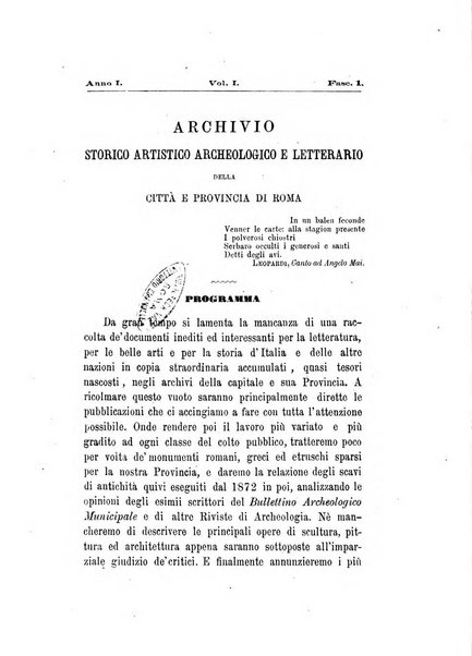 Archivio storico artistico archeologico e letterario della citta e provincia di Roma