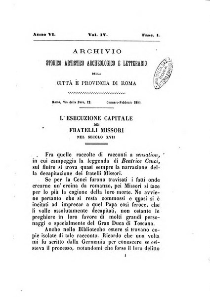 Archivio storico artistico archeologico e letterario della citta e provincia di Roma