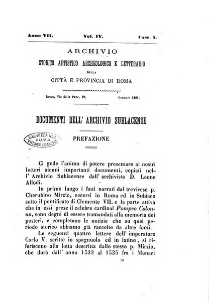 Archivio storico artistico archeologico e letterario della citta e provincia di Roma