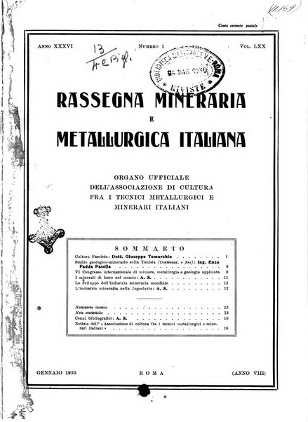 Rassegna mineraria e metallurgica italiana organo ufficiale dell'Associazione di cultura fra i tecnici metallurgici e minerari italiani