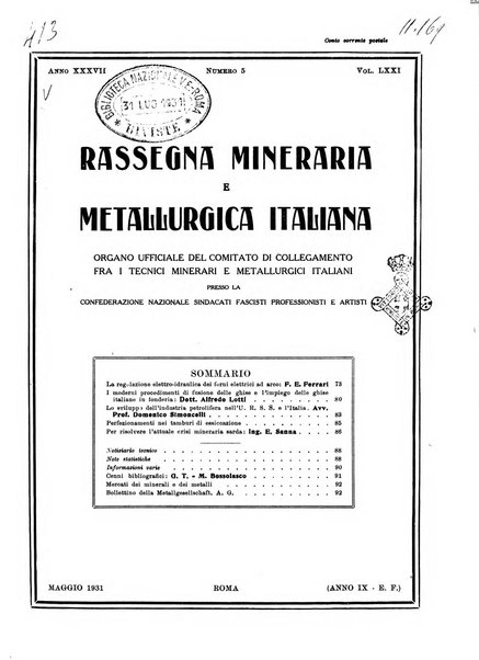 Rassegna mineraria e metallurgica italiana organo ufficiale dell'Associazione di cultura fra i tecnici metallurgici e minerari italiani