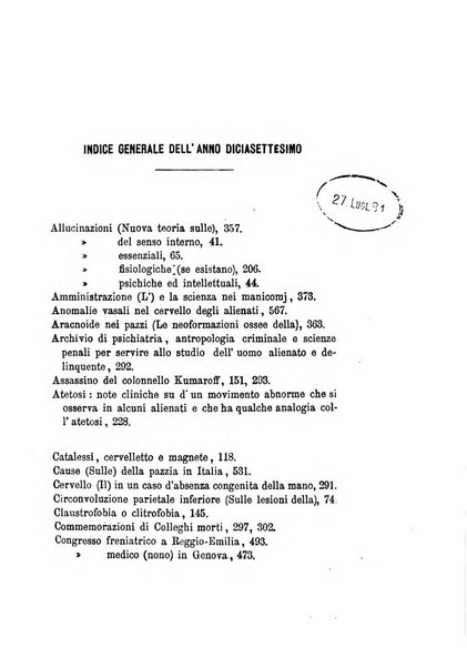 Archivio italiano per le malattie nervose e più particolarmente per le alienazioni mentali organo della Società freniatrica italiana <1874-1891>