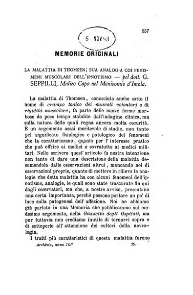 Archivio italiano per le malattie nervose e più particolarmente per le alienazioni mentali organo della Società freniatrica italiana <1874-1891>