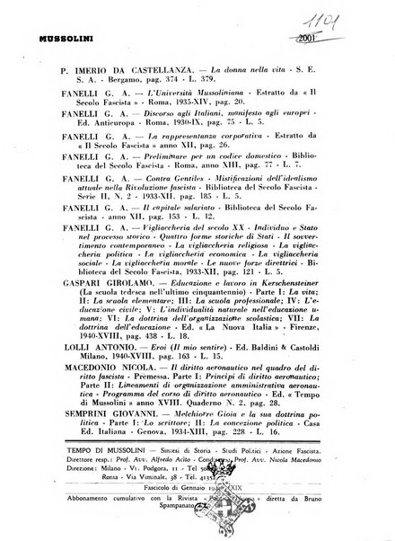 Tempo di Mussolini sintesi mensile di storia, studi politici, azione fascista: organo ufficiale del Centro milanese per lo studio del problema e braico