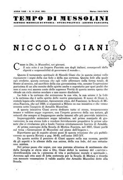 Tempo di Mussolini sintesi mensile di storia, studi politici, azione fascista: organo ufficiale del Centro milanese per lo studio del problema e braico