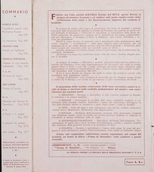 Tempo di Mussolini sintesi mensile di storia, studi politici, azione fascista: organo ufficiale del Centro milanese per lo studio del problema e braico