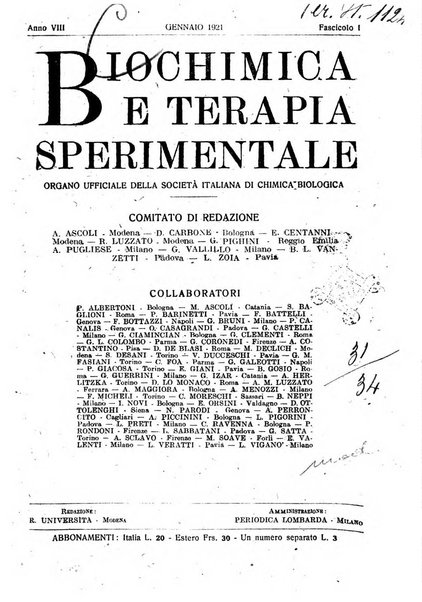 Biochimica e terapia sperimentale organo ufficiale della Societa italiana di Chimica biologica